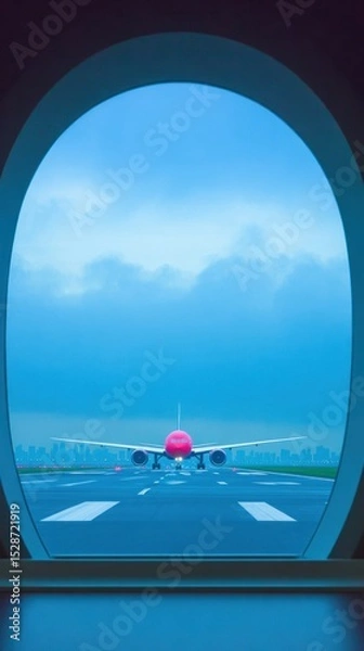 Fototapeta Airplane taking off viewed through an oval window