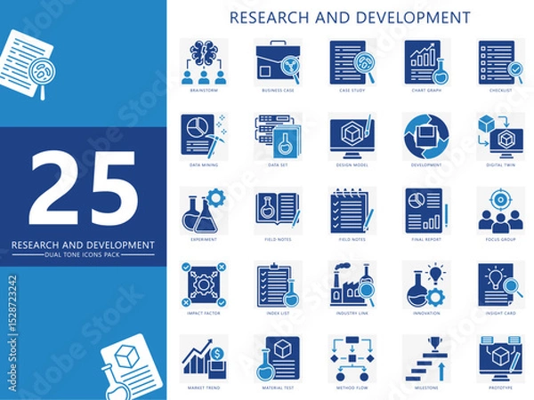 Fototapeta Research and development dual tone icons set. contain brainstorm, data, development, experiment, list, notes, prototype and more. Vector for print, digital UI, UX, web and app, for education, industry