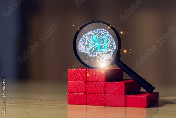 Fototapeta ai intelligence data magnifying. Magnifying glass zooming in on digital brain graphic with data visualization, symbolizing artificial intelligence, brain, analysis, AI, magnifying.