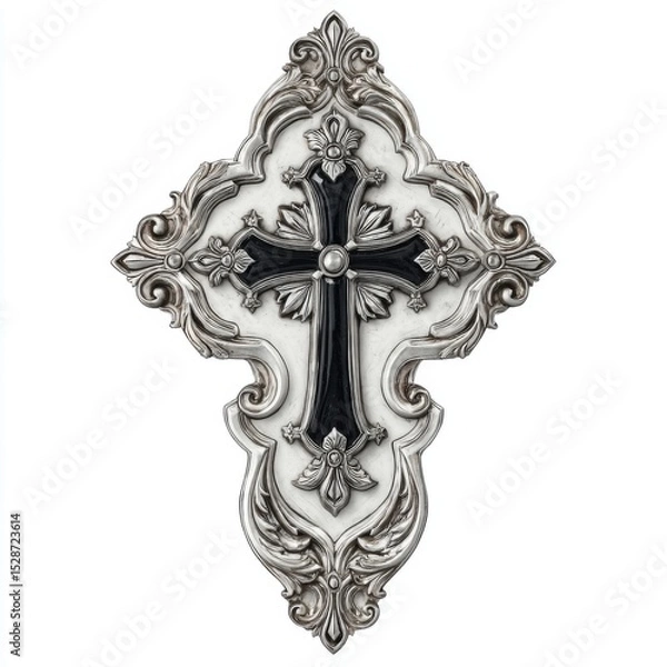 Obraz Ornate Silver Cross with Intricate Floral Design and Black Accent on a White Background for Religious Decor or Symbolism