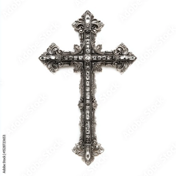Obraz Ornate Silver Cross with Intricate Flourishes and Gemstone Embellishments for Religious and Decorative Use