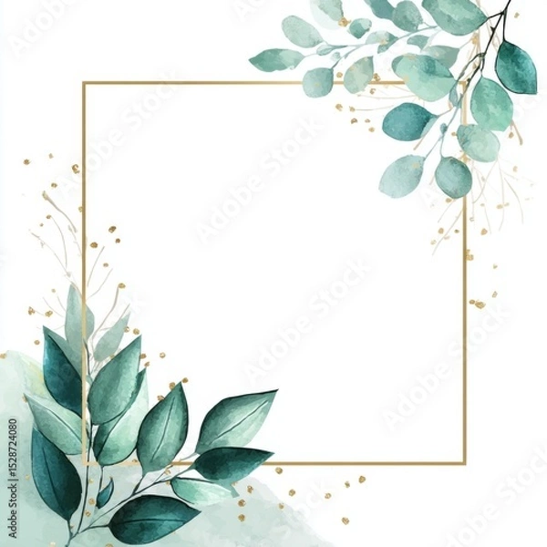 Obraz Elegant Botanical Frame with Green Leaves and Gold Accents for Wedding Invitations and Artistic Designs