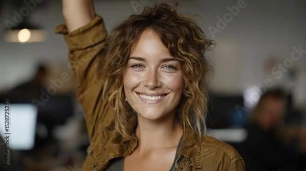 Fototapeta A cheerful woman smiling with raised hand in a modern office environment.