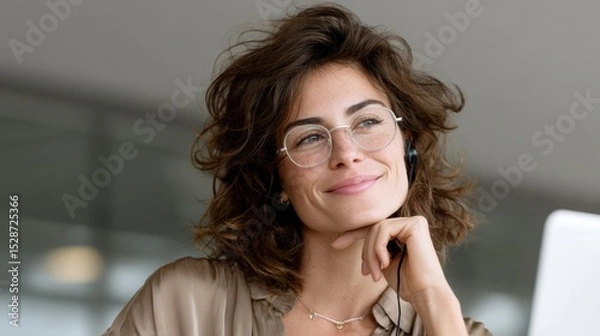 Fototapeta A confident woman enjoying her work in a modern office setting, exuding positivity.