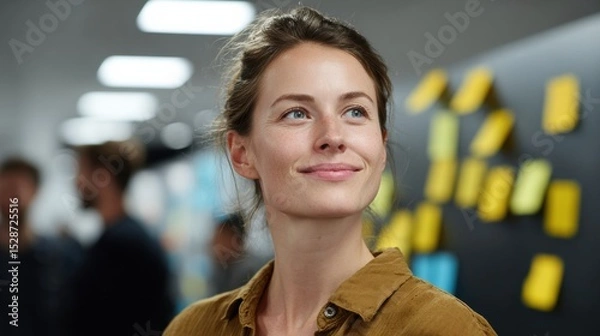 Fototapeta A confident woman smiling, surrounded by a creative workspace and inspiring ideas.