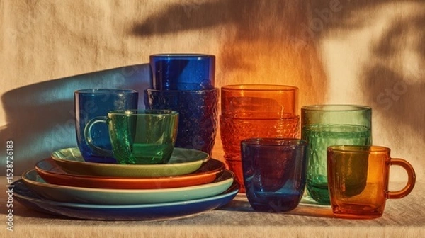 Fototapeta Vintage-inspired glassware and tableware in vibrant retro tones