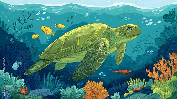 Obraz flat cartoon illustration of a sea turtle explore