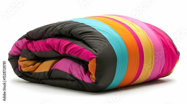 Fototapeta Rolled colorful striped comforter.  Bright, bold horizontal stripes in various colors on a dark background.  Compact and ready for use