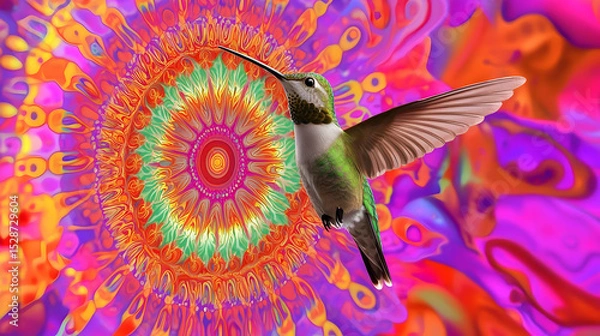 Fototapeta Vibrant hummingbird in flight, centered within a kaleidoscopic floral mandala.  Colorful design, swirling patterns, and bright colors create a surreal and mesmerizing effect
