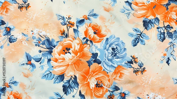 Obraz Elegant floral fabric pattern with orange and blue roses on light pastel background