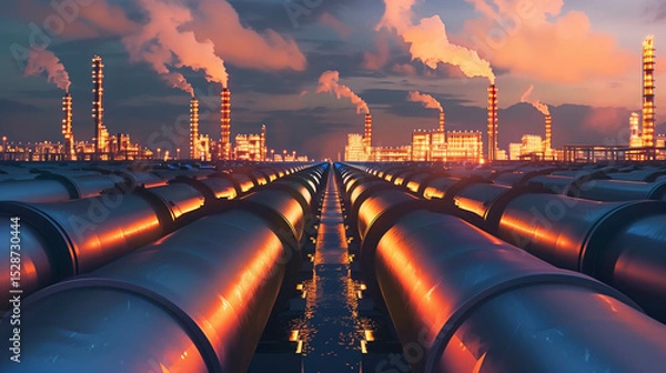 Obraz Industrial oil pipelines leading to refinery complex with smoke and sunset sky in background