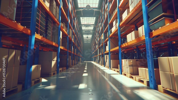 Obraz Spacious modern warehouse interior with tall shelves and stacked cardboard boxes