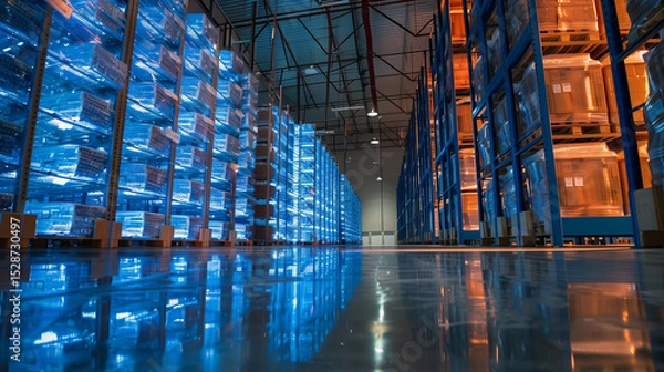 Obraz Futuristic high-tech warehouse interior with glowing blue and orange illuminated storage racks