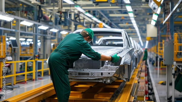 Obraz Factory worker assembling car frame on automated automotive production line