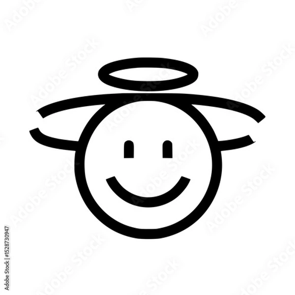 Obraz Simple black and white drawing of a smiling face with a halo and wings.