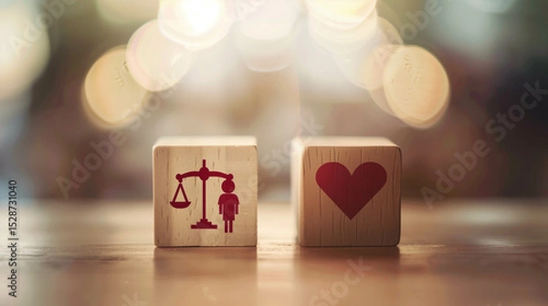 Obraz Wooden Cubes Depicting Justice and Love Icons on Blurred Background