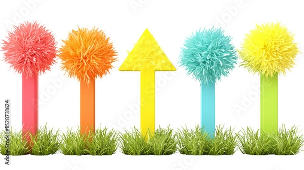 Obraz Colorful Decorative Elements with Grass, Pom Poms, and Arrows for Fun Visual Appeal in Design Projects