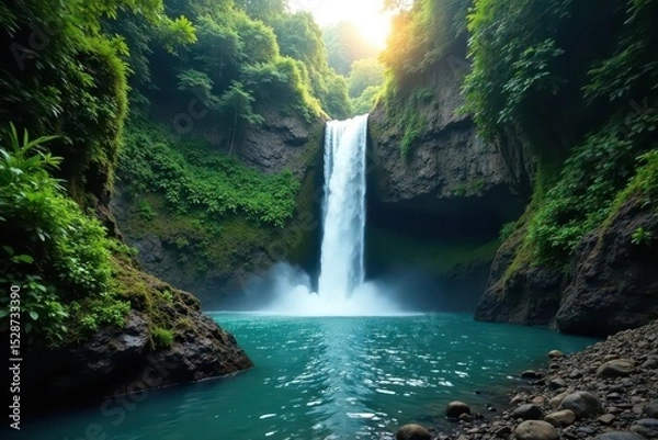 Fototapeta Hidden coastal waterfall cascades down lush rainforest cliffs , powerful, view