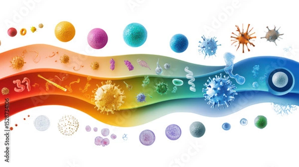 Fototapeta Vibrant Microorganisms and Pathogens on Colorful Spectrum Background Creating Science and Health Concept