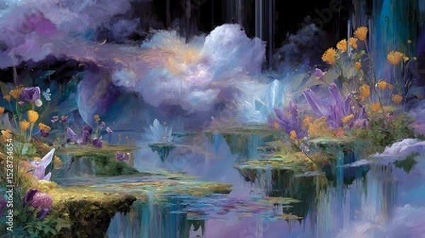 Fototapeta A Surreal Fantasy Landscape with a Captivating Waterfall