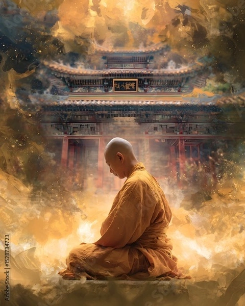 Fototapeta Monk Meditating in Autumnal Temple Courtyard