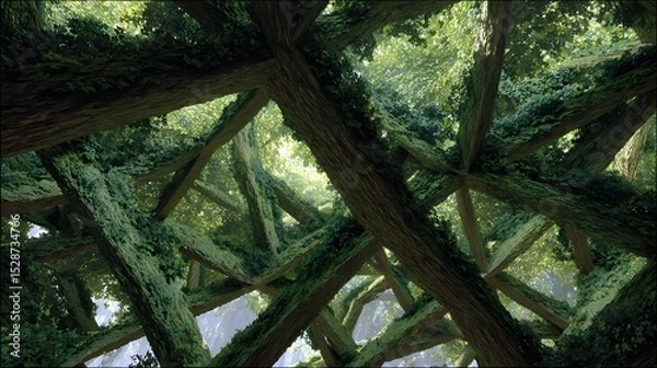 Fototapeta A dense interconnected forest of branches and leaves  long title A dense intricate forest canopy with a lush verdant tangle of intertwined branches