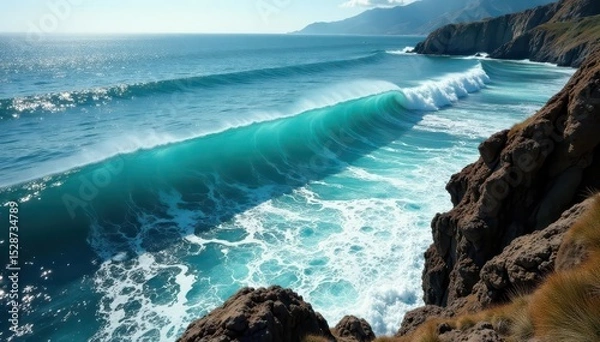 Fototapeta Elegant wave formations, seaweed patterns, breathtaking clifftop perspective , high-resolution, tranquil
