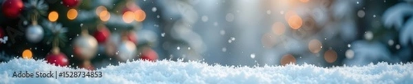 Fototapeta Blank white snow, blurred bokeh Christmas tree background, visual, image