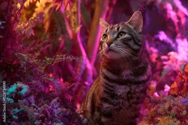 Fototapeta Curious cat exploring a vibrant autumn landscape