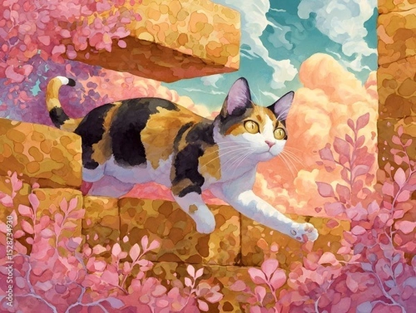 Fototapeta A playful cat exploring a vibrant floral environment
