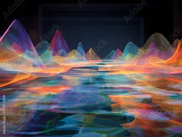 Fototapeta Vibrant abstract digital landscape with mountains and reflections