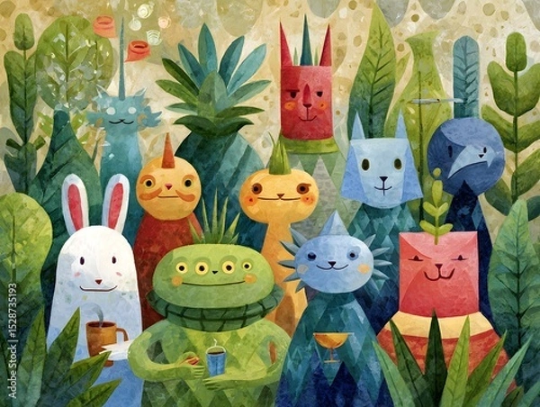 Fototapeta Charming cartoon characters in a lush whimsical landscape