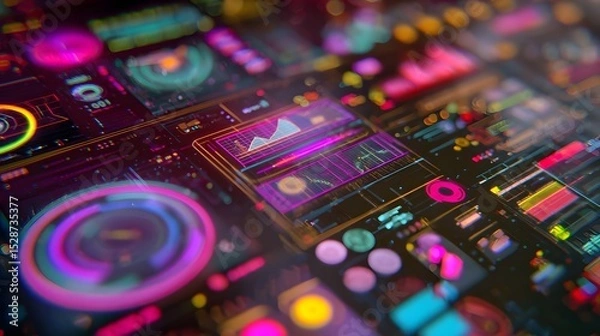 Fototapeta Closeup of a futuristic electronic circuit board  long title A detailed closeup view of a vibrant luminous electronic circuit board with various