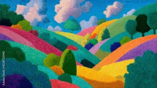 Fototapeta A vibrant colorful landscape of rolling hills and winding paths