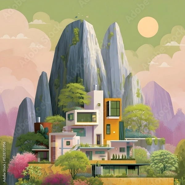 Fototapeta Futuristic architectural landscape with organic and geometric structures