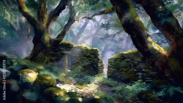 Fototapeta Enchanting mossy forest scene with a mysterious pathway