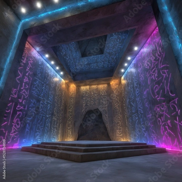Fototapeta Vibrant and futuristic interior hallway with colorful lighting and geometric patterns
