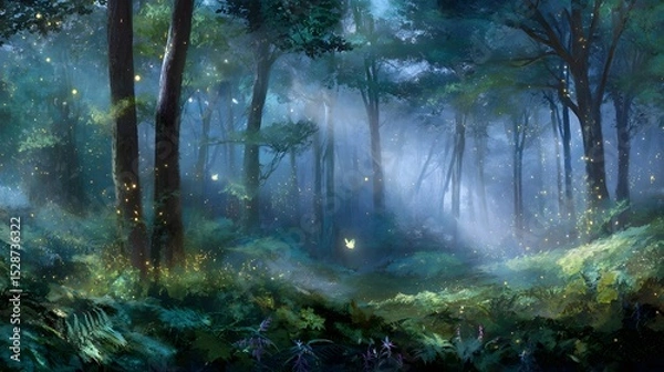 Fototapeta Mystical glowing forest at twilight