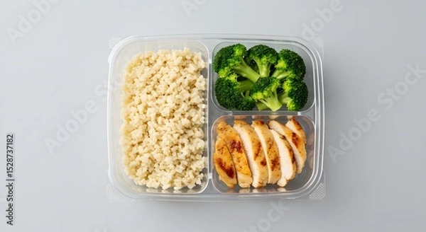 Fototapeta Overhead photo of a clean meal prep container with brown rice, grilled chicken, and broccoli, aligned neatly on a monochromatic background