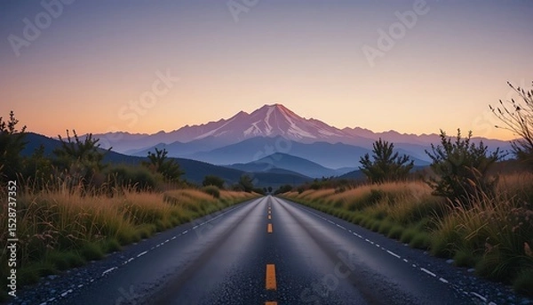 Obraz Long Empty Road Leading Towards a Majestic Mountain Range at Sunset or Sunrise - Journey, Freedom, and Adventure Concept