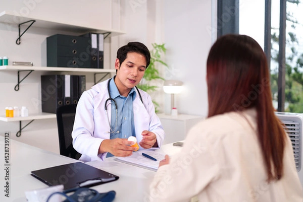 Obraz Medical Consultation: A doctor in a bright clinic discusses medication with a patient, illustrating healthcare support.