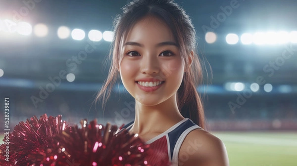 Fototapeta Cheerleader at a stadium, an energetic Asian female, smiles brightly with pom-poms during game. The sports atmosphere is vibrant, filled with team spirit and joy. Image made using Generative AI.