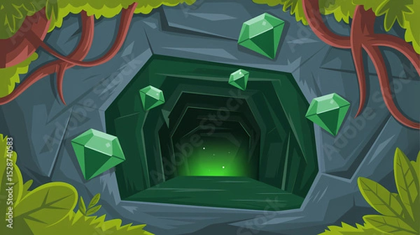 Fototapeta Flat Design Illustration of an Emerald Mine Shaft Entrance with Glowing Gems and Lush Foliage