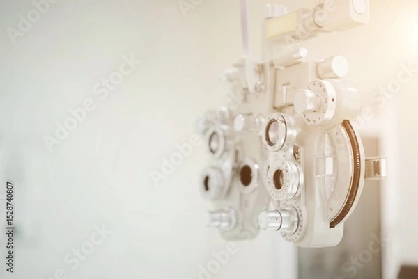 Fototapeta Phoropter for eye test, lenses glasses for eye check in optical store, health care, eye care concept, industry eye care 
