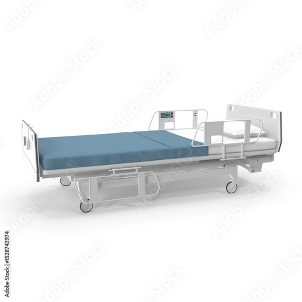 Fototapeta Standard Hospital Bed with Adjustable Frame and Side Rails Isolated on Transparent Background