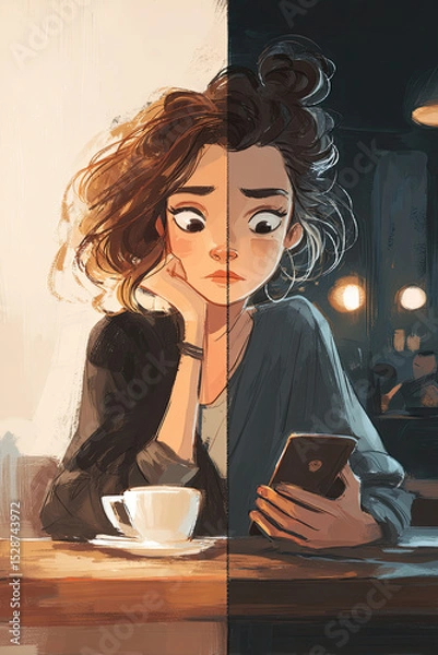 Fototapeta Worried woman sitting at cafe table with coffee cup, checking phone, day and night contrast