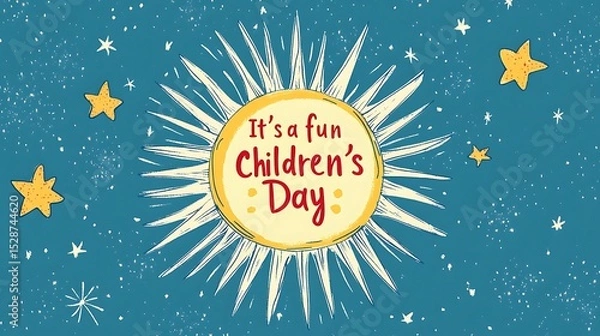 Fototapeta A hand-drawn style flat vector logo featuring a smiling sun with radiating lines, centered red handwritten text "It's a fun Children's Day", soft blue background,