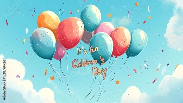 Fototapeta Balloon-letter typography in a flat hand-drawn vector style, forming the phrase "It's a fun Children's Day", playful curved strings attached to each balloon letter, floating across a soft blue sky,