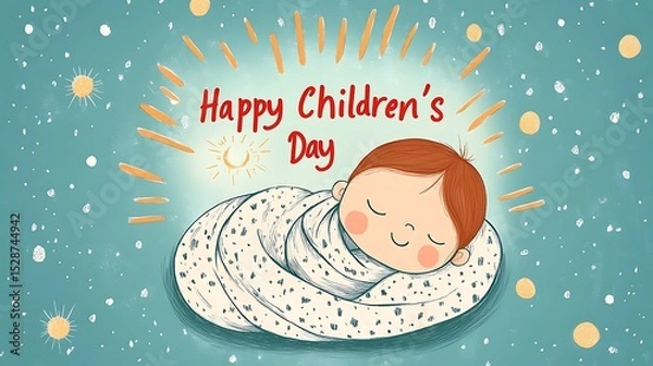 Fototapeta Clean flat design with centered composition, red handwritten "Happy Children’s Day" text in calligraphy style,