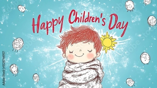 Fototapeta Clean flat design with centered composition, red handwritten "Happy Children’s Day" text in calligraphy style,
